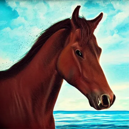 Image similar to horse swimming in the ocean with fork and knife, photorealistic, high detail