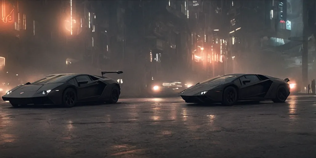 Image similar to A cinematic film still of a Lamborghini in the movie Blade Runner: 2049.