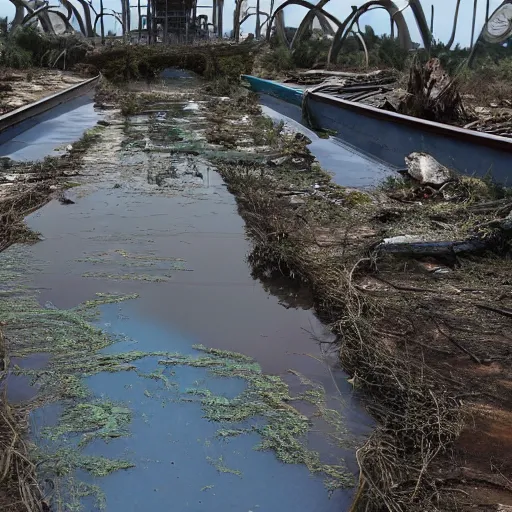 Prompt: post - apocalyptic magic kingdom, wasteland, submerged, monorail, abandoned, wet, swamp, walt disney world, highly detailed, intricate, 8 k