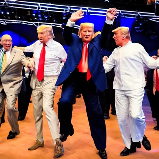 Image similar to photo of a vladimir putin, donald trump and ron desantis dancing a congo line on stage at cpac,