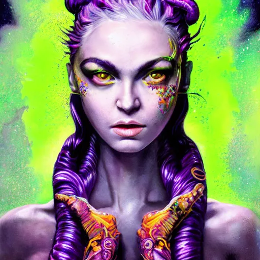 Prompt: art portrait of a furious girl with purple tentacles on her head, and bright green eyes, 8k,by tristan eaton, Stanley Artgermm,Tom Bagshaw,Greg Rutkowski,Carne Griffiths,trending on DeviantArt, face enhance,hyper detailed ,full of colour,