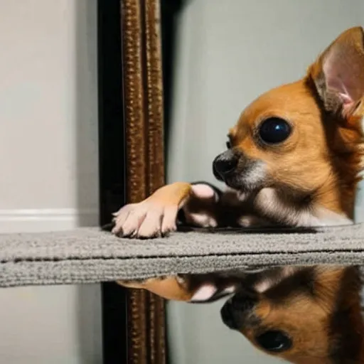 Image similar to chihuahua dog seeing his own reflection in a mirror
