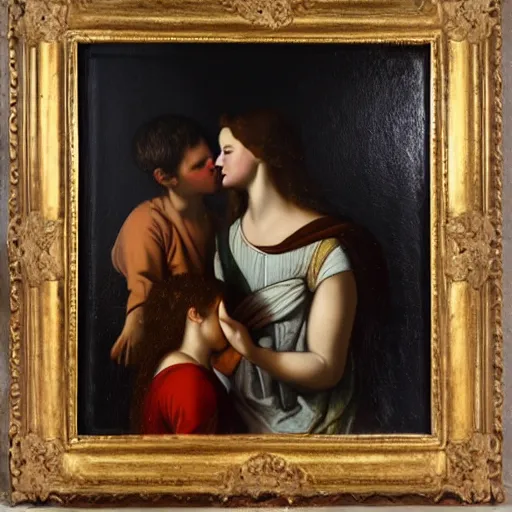 Image similar to 1 8 th oil panting of a jesus kissing with maria maddalena