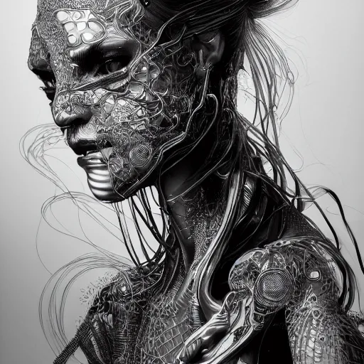 Prompt: the portrait of an absurdly beautiful, graceful, elegant, sophisticated, fashionable cyberpunk gravure idol, an ultrafine hyperdetailed illustration by kim jung gi, irakli nadar, vania zouravliov, intricate linework, bright colors, titanium skin, unreal engine 5 highly rendered, global illumination, radiant light, detailed and intricate environment