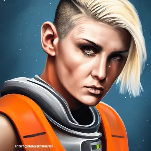 Prompt: character concept art of heroic stoic emotionless butch blond handsome woman space explorer with detailed tribal tattoos, very short slicked - back butch hair, narrow eyes, wearing atompunk jumpsuit, orange safety vest, retrofuture, highly detailed, science fiction, illustration, oil painting, realistic, lifelike, pulp sci fi, cinematic