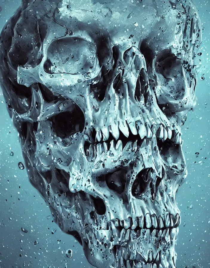 Image similar to portrait of a melting skull. intricate abstract. sharp teeth. delicate artwork. by Tooth Wu, wlop, beeple, dan mumford. octane render, trending on artstation, greg rutkowski very coherent symmetrical artwork. cinematic, hyper realism, high detail, octane render, 8k, depth of field, bokeh. chrome accents.