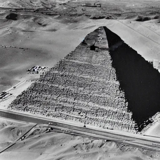 Prompt: an aerial photograph of a pyramid at giza at the early stages of construction with heavy scaffolding clearly visible, the top of the pyramid has not been built and is not visible, dslr