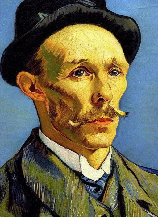 Image similar to lifelike oil painting portrait of sherlock holmes by van gogh