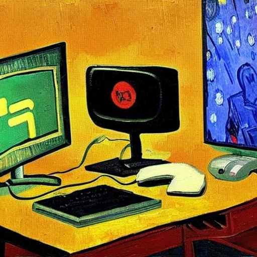 Image similar to oil painting of a gamer computer gamer pc, oil in canvas, painted by van gogh