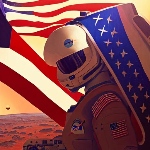 Prompt: 3 / 4 view of a portrait of nasa mars colony with a american flag logo, evangelion, scifi, hyper detailed, digital art, trending in artstation, cinematic lighting, studio quality, frostbite 3 engine rendered, art style by klimt and nixeu and ian sprigger and wlop and krenz cushart