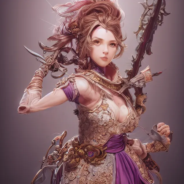 Image similar to studio portrait of neutral good colorful female cleric bard healer as absurdly beautiful, elegant, young skinny gravure idol, ultrafine hyperdetailed face illustration by kim jung gi, irakli nadar, intricate linework, sharp focus, bright colors, octopath traveler, final fantasy, unreal engine highly rendered, global illumination, radiant light, detailed and intricate environment