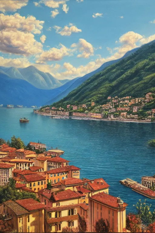 Image similar to Highly detailed oil painting of Lake Como, photorealistic, wide shot, daylight, blue sky, summer, dramatic lighting, award winning, highly detailed, medium format photography, cinestill 800t.