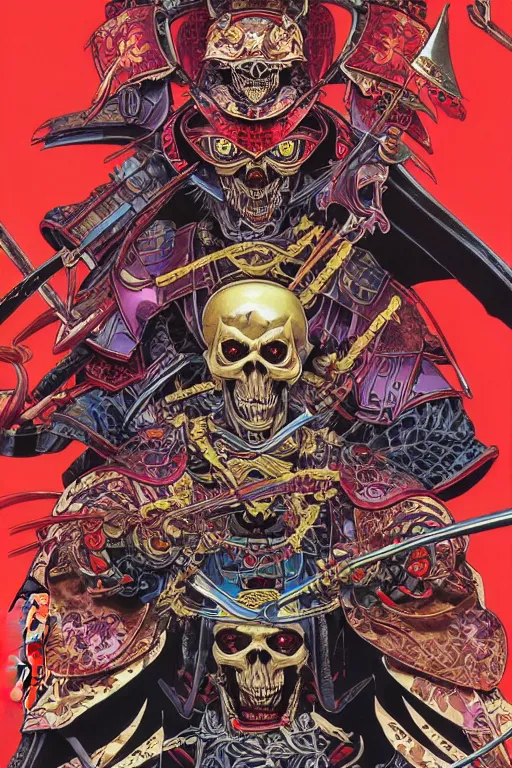 Image similar to poster of crazy skeletor samurai with japanese armor and helmet, by yoichi hatakenaka, masamune shirow, josan gonzales and dan mumford, ayami kojima, takato yamamoto, barclay shaw, karol bak, yukito kishiro