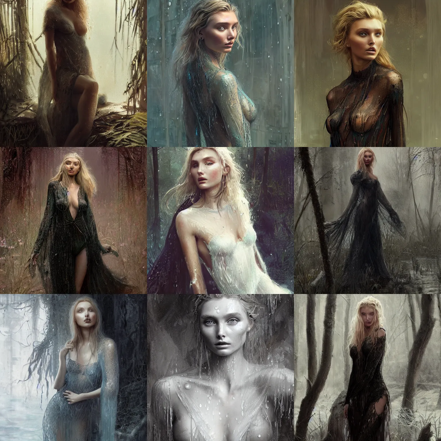 Prompt: Portrait Elsa Hosk wearing a wet intricate nightgown, dark, intricate, overgrown swamp, highly detailed, smooth, artstation, digital illustration by Ruan Jia and Mandy Jurgens and Artgerm and Wayne Barlowe and Greg Rutkowski and Frank Frazetta