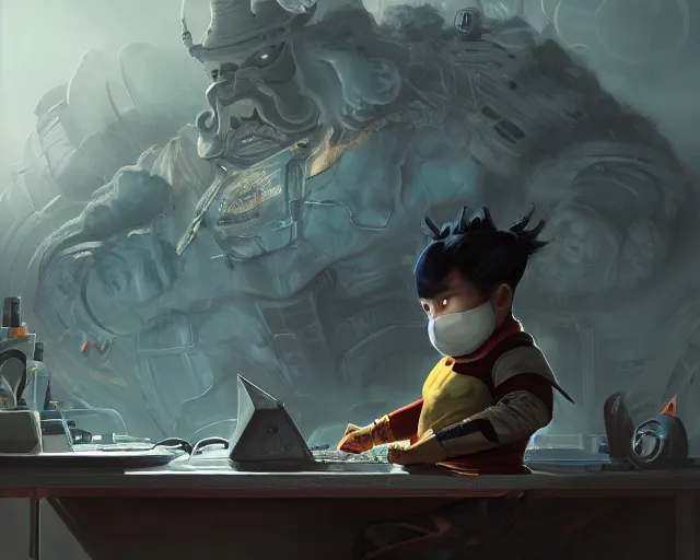 Image similar to an insanely detailed painting of a slightly chubby, nerdy asian man wearing a superhero costume and mask, sitting at a desk, staring at the nervously at the computer and typing, in the style of peter mohrbacher, dramatic lighting and composition, octane render, trending on artstation, concept art, comic book, view from behind