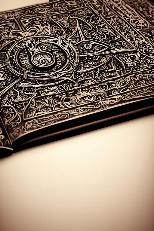 Image similar to an ancient ornate intricate old tome spell book satanic poetry with the sigil symbol of diablo emblazoned on the cover, cinematic, realistic, intricate detail, finely detailed, small details, extra detail, photorealistic, high resolution, 3 d, pbr, path tracing, volumetric lighting, octane render, arnold render, 8 k