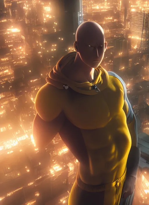Realistic One Punch Man, city background, artistic, Stable Diffusion