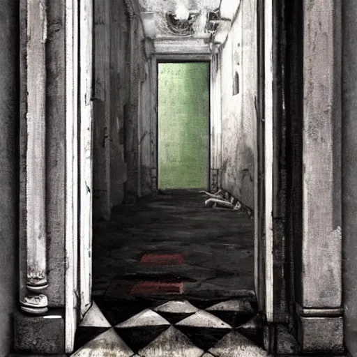 Image similar to diego dayer, hyperrealistic surrealism, award winning masterpiece with incredible details, a surreal vaporwave painting of door leading to nowhere, mirrors everywhere, highly detailed, black and white checkered floor
