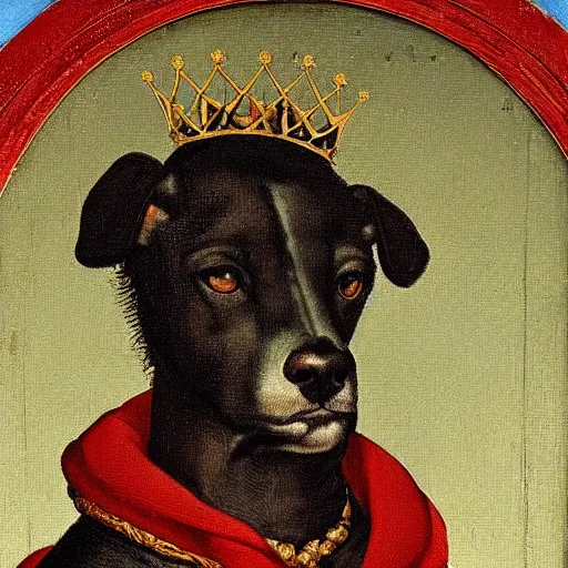 Prompt: a renaissance style portrait painting of {animal}, wearing a crown and cape, dark background