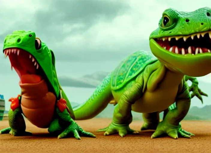 Image similar to film still of yoshi in the new sci - fi movie, cute upright dinosaur with a small turtle shell and long tongue, 8 k