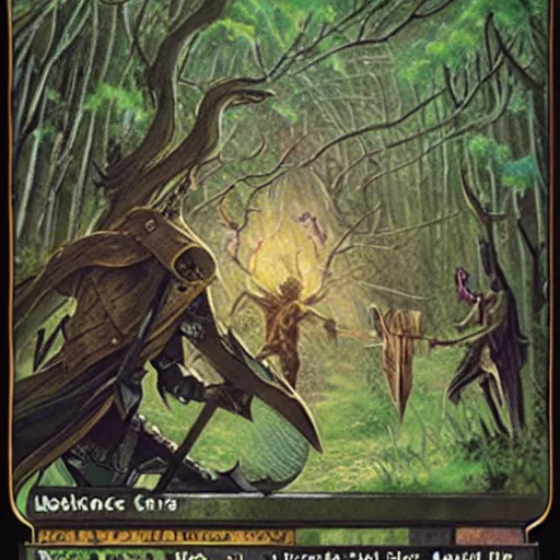 Prompt: magic the gathering card, archers in mystical forest