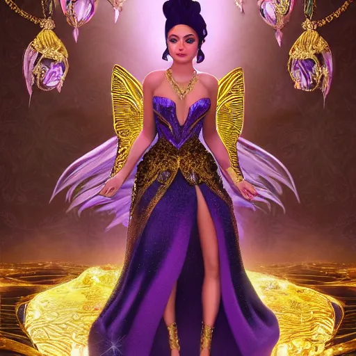 Prompt: portrait full body pov of kylie jenner as a princess of amethyst, glowing, ornate and intricate gold jewelry, jaw dropping beauty, glowing background lighting, gold accent lighting, hyper detailed, fairy tale, 4 k octane render