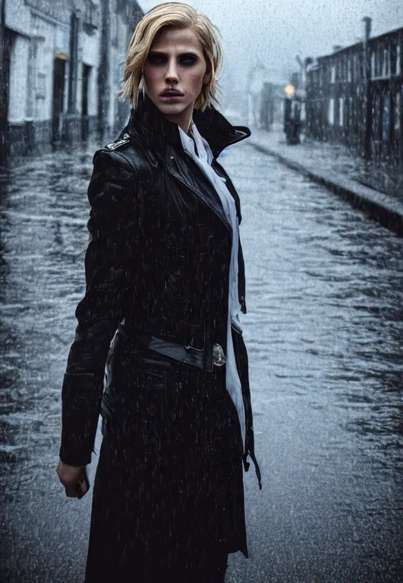 Prompt: cosmopolitan model annie leonhart posing in dunwall city, beautiful face, detailed face, realistic eyes, cinematic lighting, rainy weather, melancholy atmosphere, volumetric light, gothic architecture, realistic reflections, model agency, instagram photo, depression atmosphere, shot on sony a 7