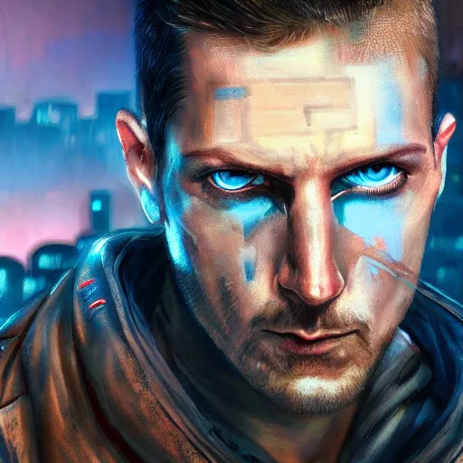 Image similar to cyberpunk, armitage, closeup portrait of a stoic ex soldier with a battlescar and light blue eyes, brown buzzcut, cyborg, dramatic light, city background, sunset, dystopian setting, high contrast, sharp, neuromancer, painted by stanley lau, painted by greg rutkowski, painted by stanley artgerm, digital art, trending on artstation