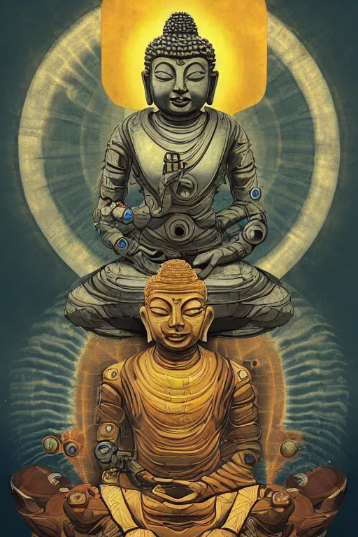 Image similar to a study of cell shaded cyborg robot astronaut buddha meditating in a lotus flower illustration, golden ratio, post grunge screen print poster, character concept art by N.C. winters, highly detailed, sharp focus, alien, Artstation, deviantart, artgem