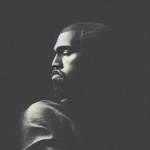Image similar to a chiaroscuro lighting portrait of kanye west dressed as jesus, black background, portrait by julia margaret cameron, shallow depth of field, 8 0 mm, f 1. 8