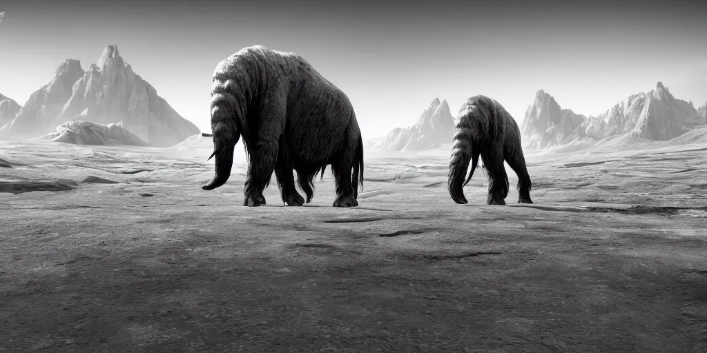 Prompt: a cyborg-mammoth standing in the middle of a milk lake on the Moon,Highly Detailed, Cinematic Lighting, rim light, hyper real, black and white, photo-realistic Unreal Engine, 8K