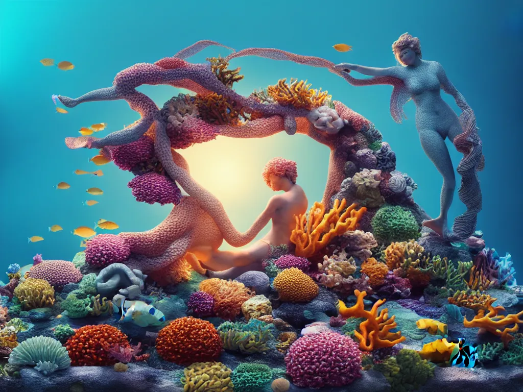 Image similar to a sculpture of fish ocean intertwined, diode lighting, a lovely cornucopia of flowers and human body parts, body parts, highly detailed, octane render, cinematic, sharp focus, clean, studio lighting, sunset, great barrier reef, up than sea level