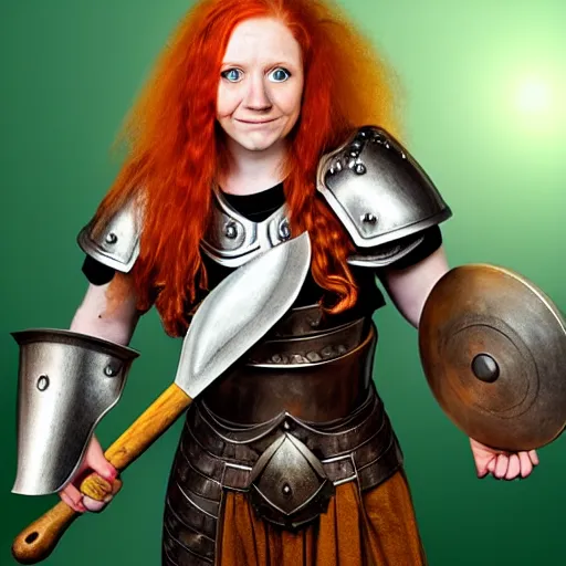 Image similar to dwarven woman, ginger hair, green eyes, holding hammer and shield with plate armour