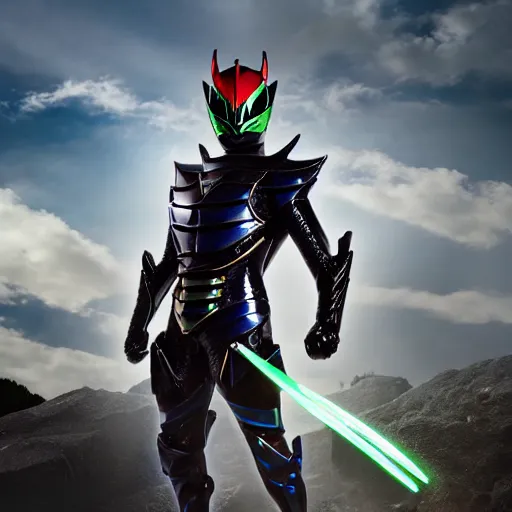 Prompt: High Fantasy Kamen Rider standing in a rock quarry, full body, 4k, glowing eyes, daytime, rubber suit, dark blue segmented armor, dragon inspired armor, centered in frame, promotional picture