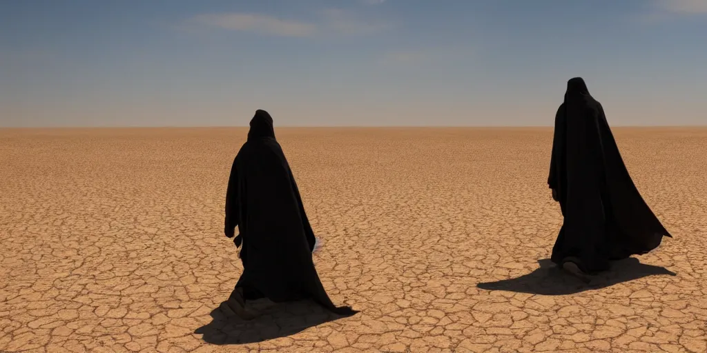 Image similar to a walker with a cloak walking in a desert where a mirage is taking place