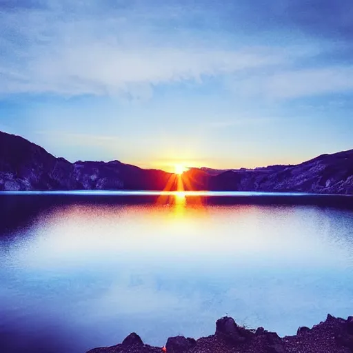 Image similar to sunset above blue lake, beautiful landscape, high detail, instagram photo, professional dslr photo, creative composition, beautiful composition