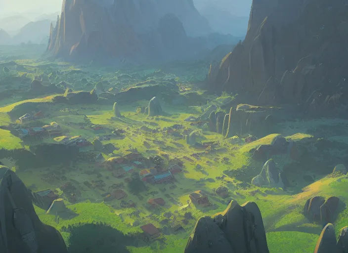 Image similar to concept art painting of a distant village in a valley seen from above, early morning, cel shaded, by makoto shinkai and moebius and anton fadeev and james gurney