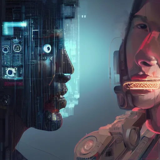 Image similar to a Portrait of a cyborg, cyberpunk, surrounded by smoke, award-winning art, highly creative, hyperrealistic, highly-detailed, by Sam Spratt, by Vlad Rodrig﻿u﻿e﻿z, computer screens in the background, trending on Artstation, dark, dramatic, cinematic, realistic studio lighting, realistic reflections, 4k, professional, canon