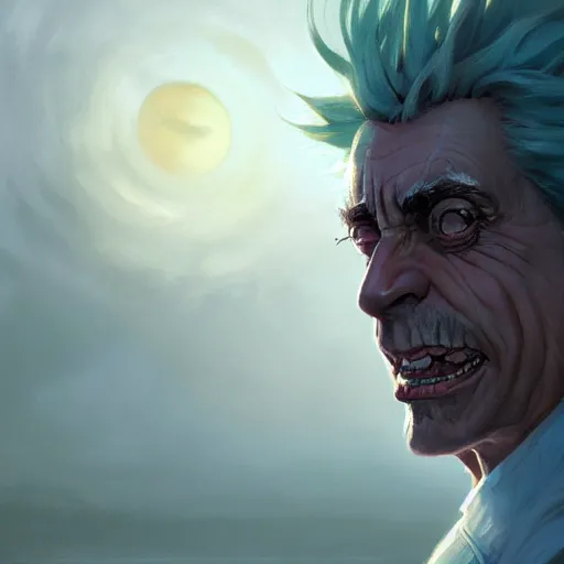 Prompt: closeup portrait of rick sanchez, dramatic light, gorgeous view, depth, high detail, digital art, painted by greg rutkowski and seb mckinnon, by tim burton, trending on artstation