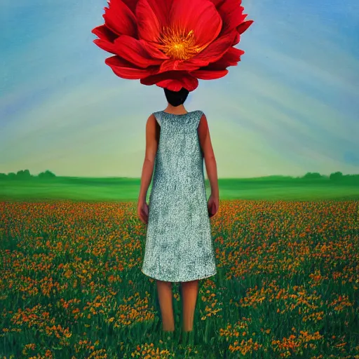 Image similar to huge flower as head, woman standing in a field, surreal, flat light, painting, digital painting, artstation, georgia o'keeffe