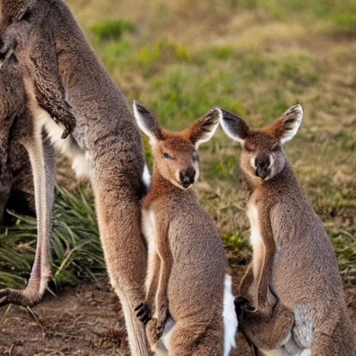 Image similar to photo of three kangaroos in their mother's pouch together. extreme detail, hyperrealistic photo