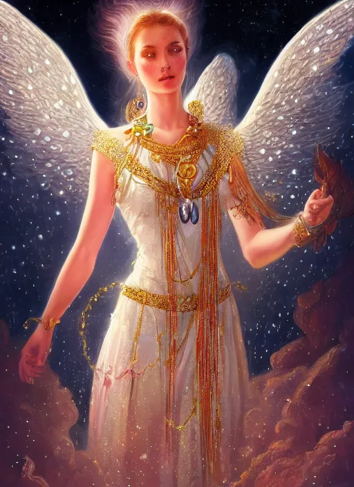 Image similar to A beautiful digital painting of a female angel full of jewels, princess, the moon behind her, intricate, cinematic lighting, highly detailed, digital painting, Artstation, concept art, smooth, sharp focus, illustration, art by Tom Bagshaw, Artgerm and Greg Rutkowski