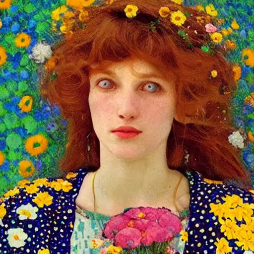 Image similar to a lot of flowers morphing in a beautiful girls face, film still by wes anderson, depicted by klimt, limited color palette, very intricate, art nouveau, highly detailed, lights by hopper, soft pastel colors, minimalist