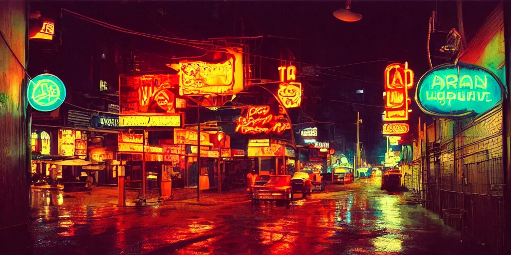 Prompt: dreary alley nightlife rain neon signs crowded futuristic retro streetlight kodachrome