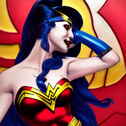 Prompt: side shot, photo of Harley Quinn making out with Wonder Woman, looking out towards gotham city, big bust, intricate, elegant, super highly detailed, professional digital painting, artstation, concept art, smooth, sharp focus, no blur, no dof, extreme illustration, Unreal Engine 5, 8K, art by artgerm and greg rutkowski and alphonse mucha and loish and WLOP