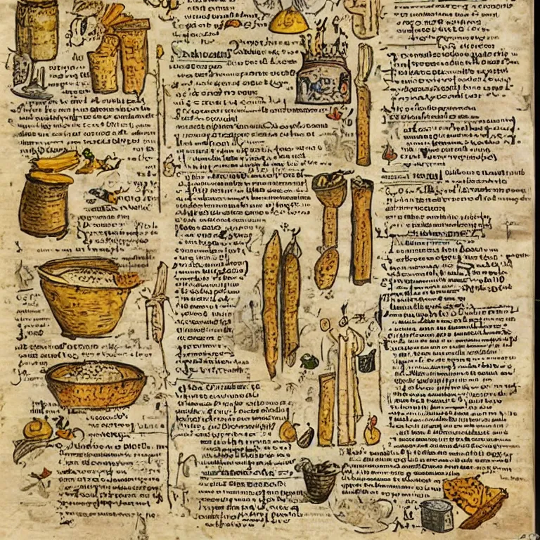 Image similar to middle age illustrated recipe for burrito ( ( ( ( burrito ) ) ) ) lot of medieval enluminures in the background explaining the recipe, schematic in a notebook