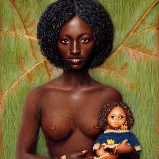 Prompt: dark skinned woman holds a living doll made out of leaves and wool, art by howard david johnson