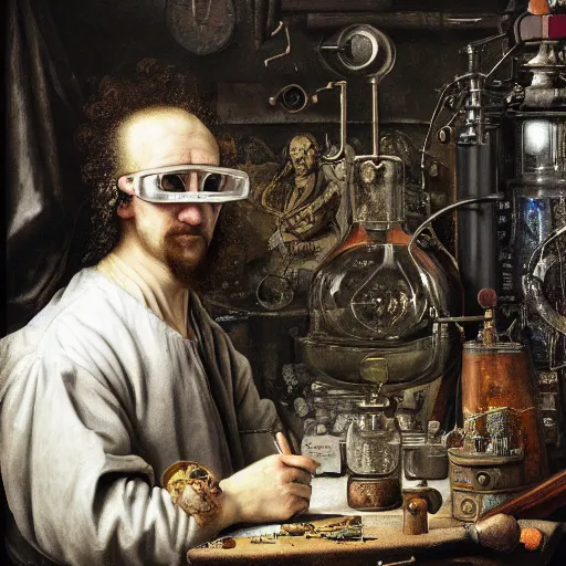 Prompt: william osman as a mad scientist and alchemist inventing ingenious and potions in his crowded work shop he has wild hair and goggles, hyper detailed, surrealism, hyper realistic, extremely complex, hyper realistic, intricate classic art, insanely intricate, trending on art station, masterful, great works of the masters, art by rembrandt and leonardo da vinci