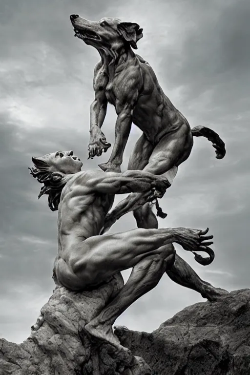 Image similar to Dramatic view of Cerberus statue sculpted on white stained marble by Bernini and kris kuksi, Bastien Lecouffe-Deharme, Maxfield Parrish