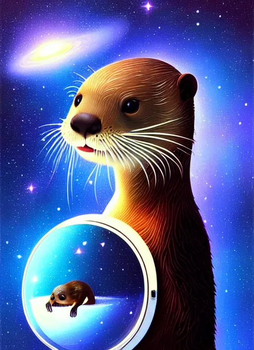 Prompt: a portrait of a cute otter with a space helmet, swimming through a beautiful galaxy!!!, detailed, artstation, art by rhads and miyazaki